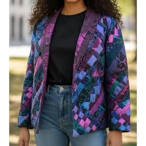Vintage 80s or 90s Jewel Tone Patchwork Quilted Open Front Womens Jacket - L